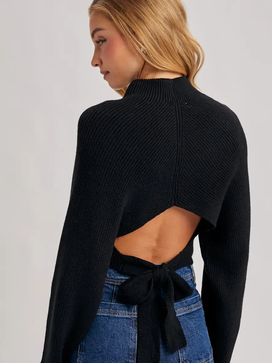 Mock Neck Open Back Ribbed Knit Tie Sweater Top
