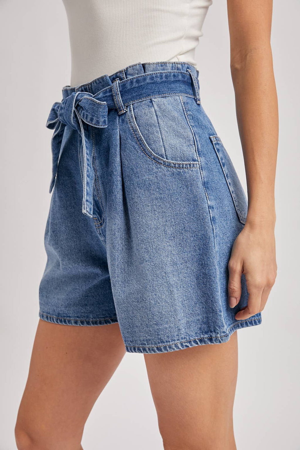 DENIM HIGH-WAIST SELF-TIE BOW SHORTS