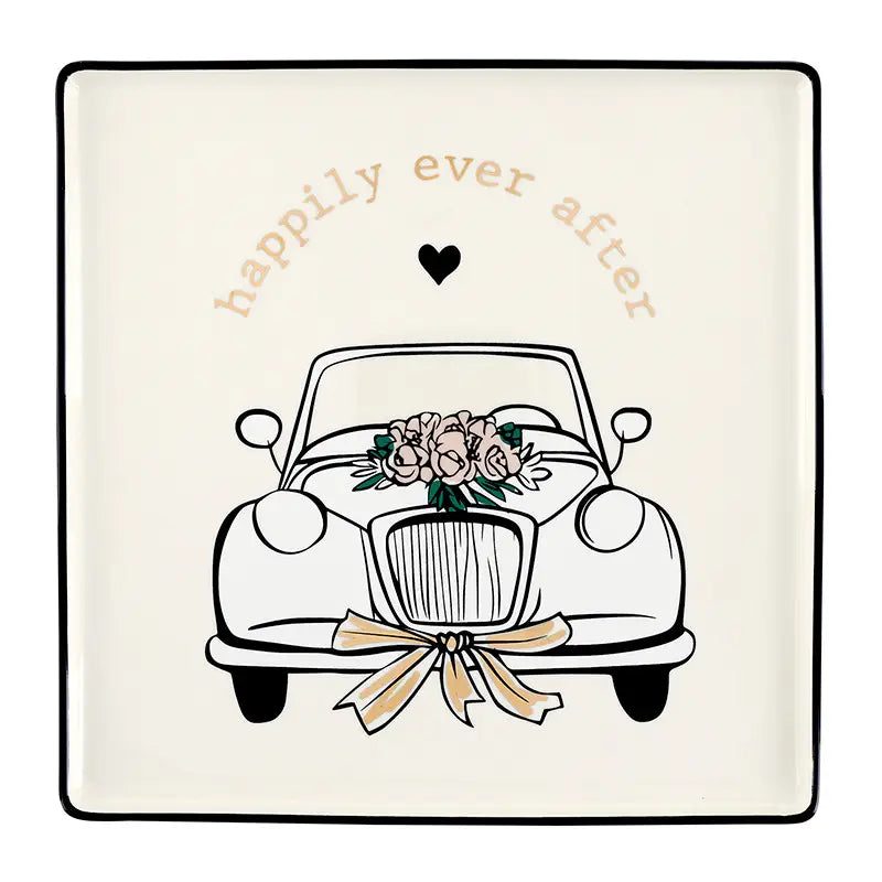 Wedding Car Ceramic Platter – Square Serving Tray with Gold Foil Detail