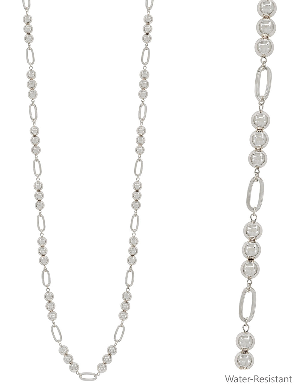 Water Resistant Silver Beaded 10mm Beaded and Open Oval 34" Necklace