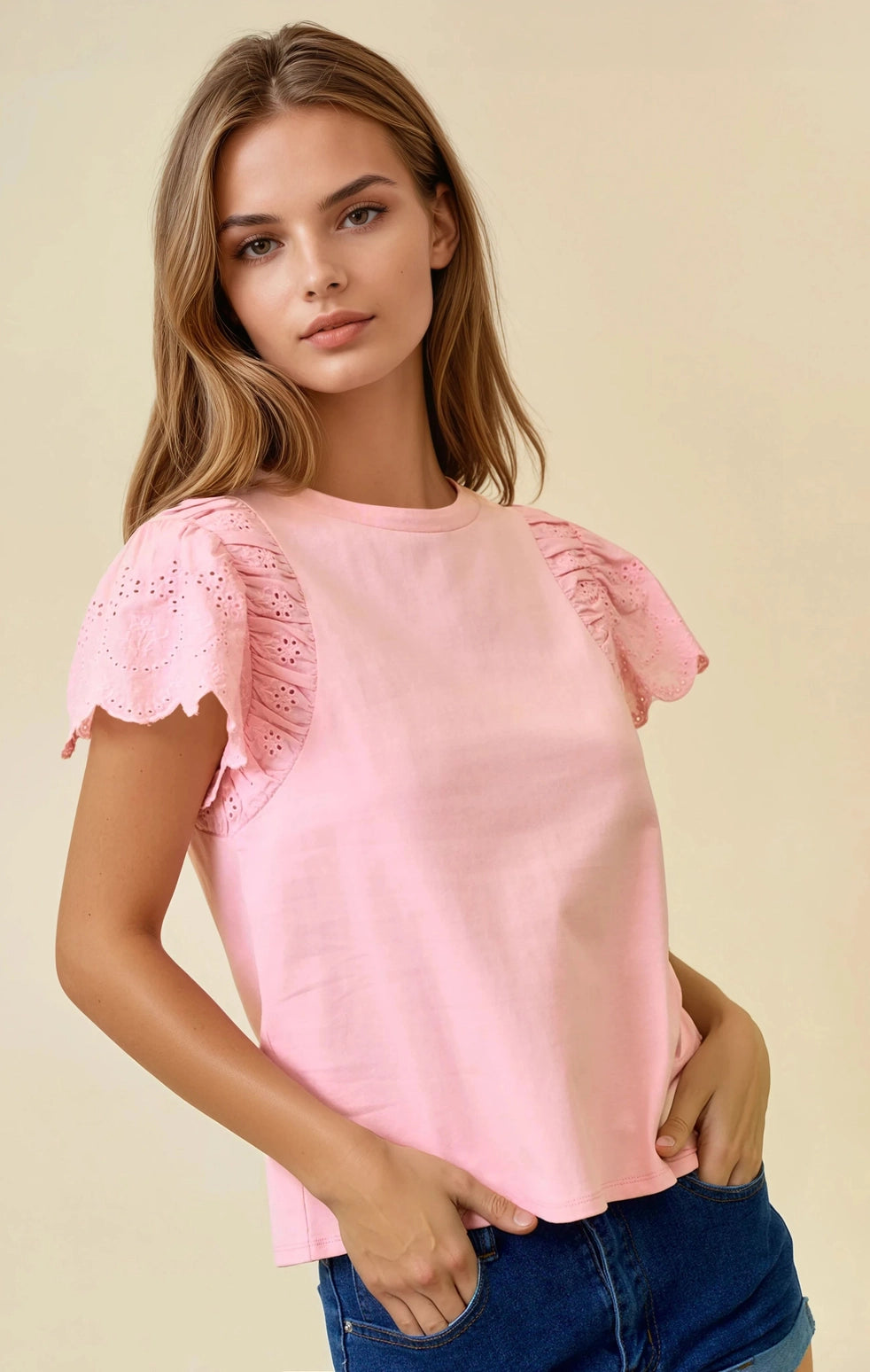 Pink Eyelet Sleeve Top