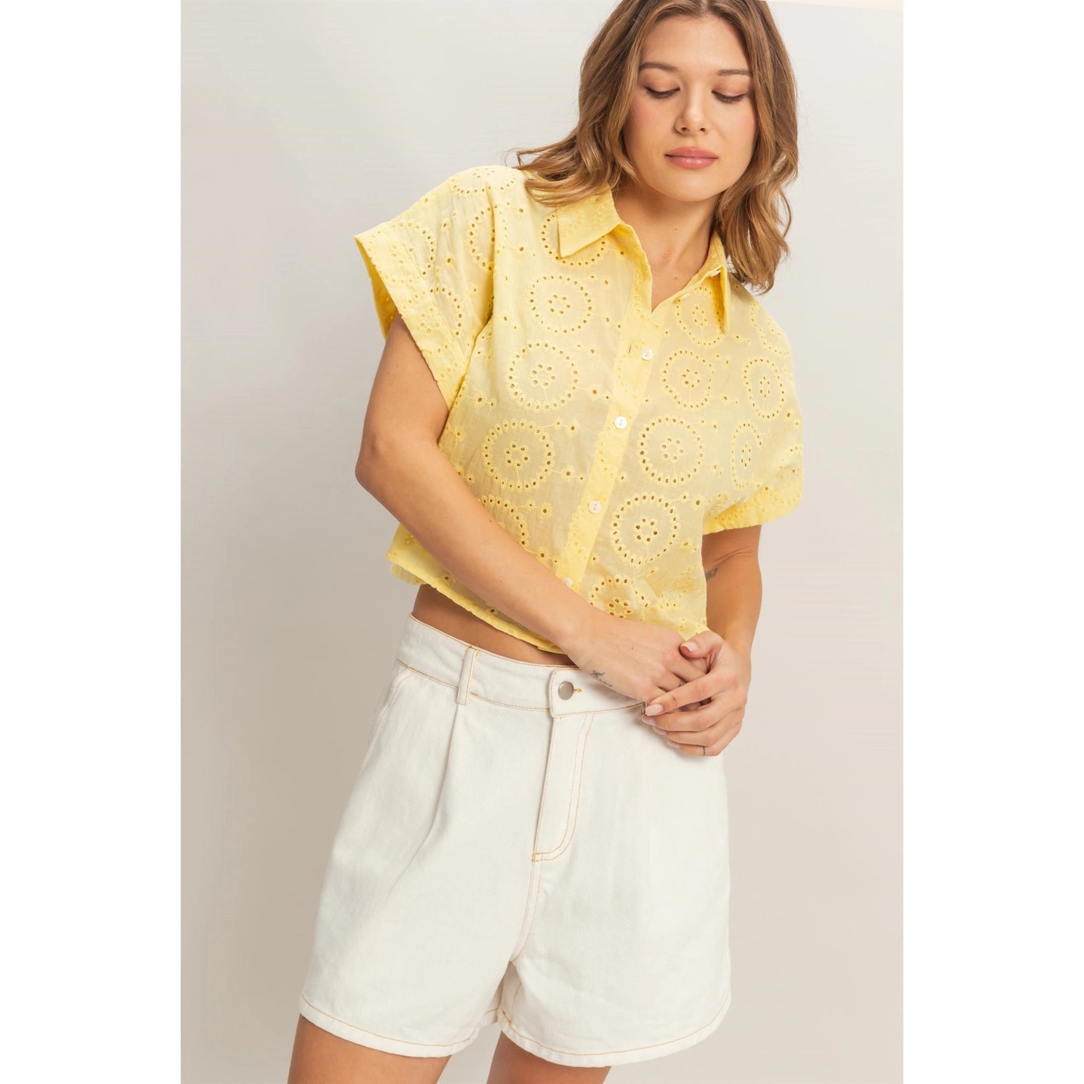 Eyelet Cropped Button-Up Shirt