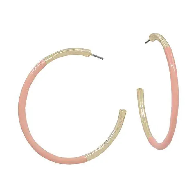 Gold Thin Hoop with Peach Color Coated Accent 2" Earring