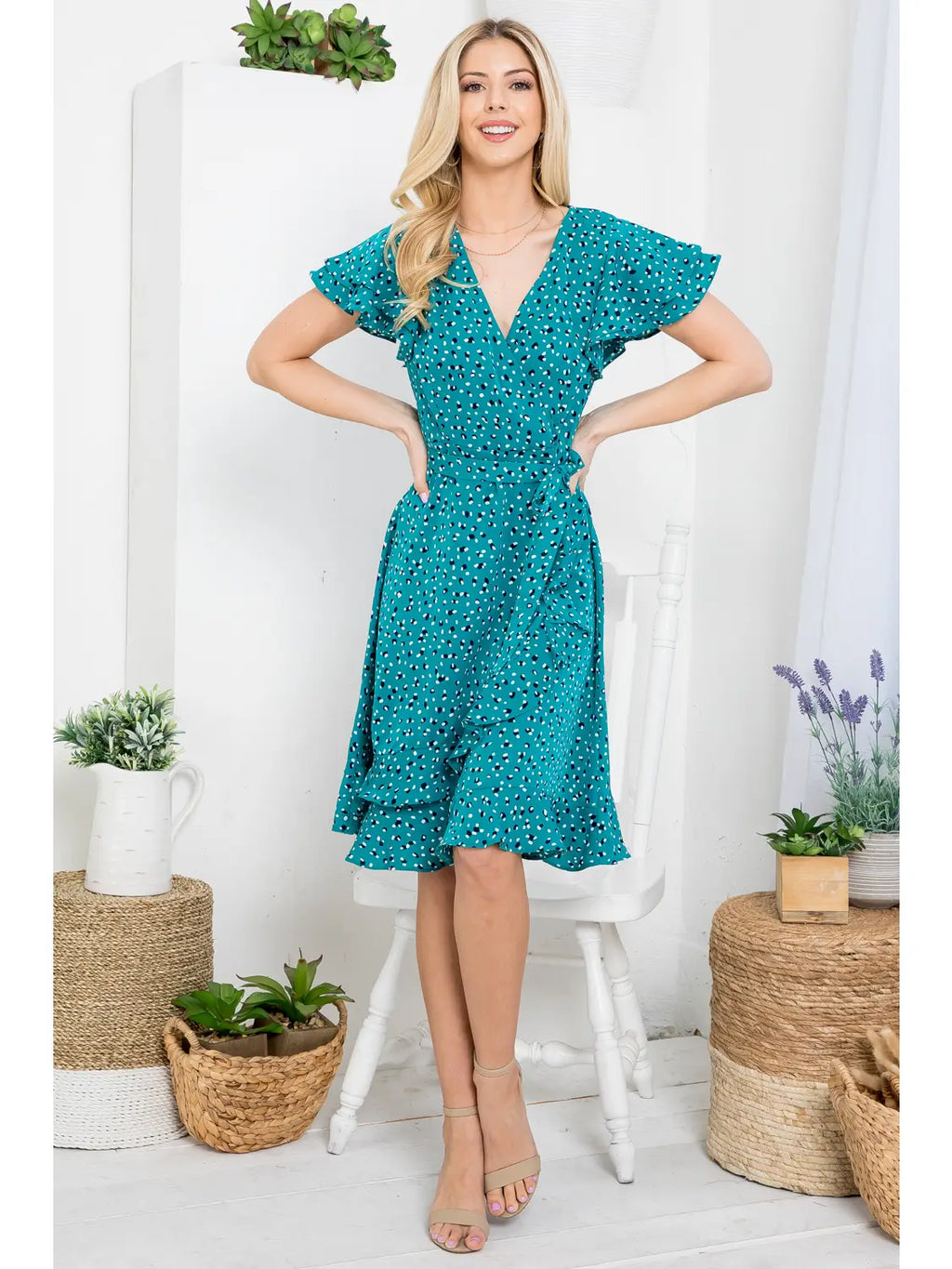 Flurries of Dots Print Faux Wrap Dress in Teal Blue