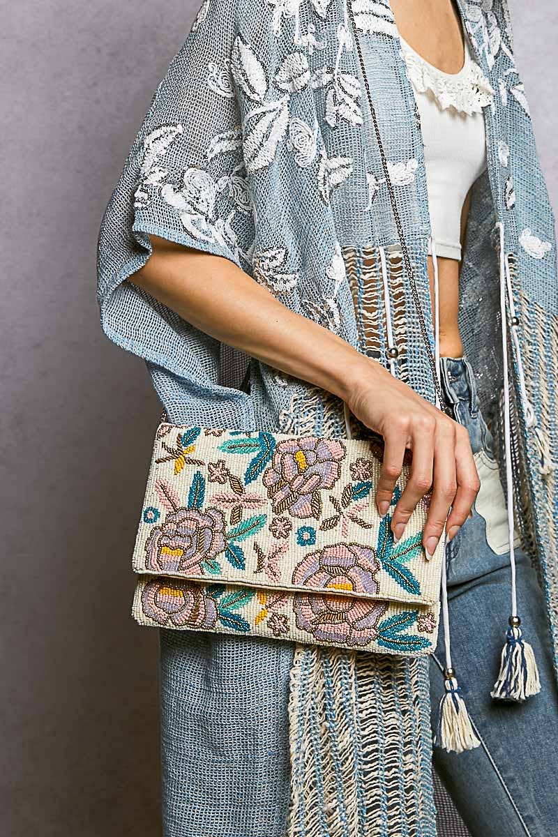Floral Beaded Chain Strap Ivory Bag