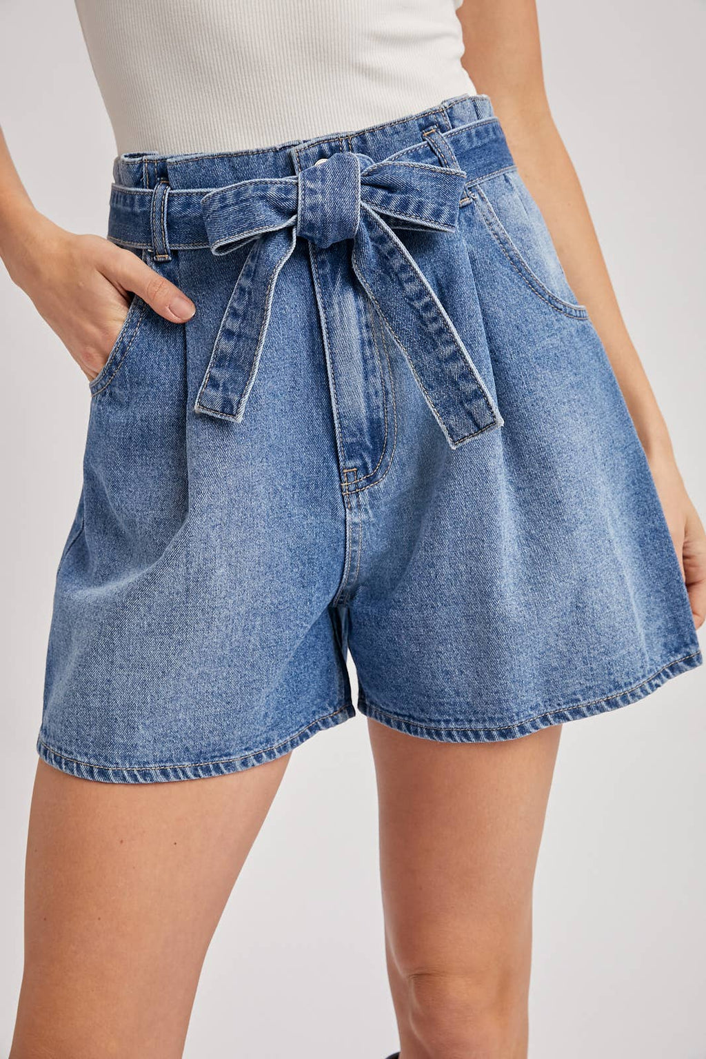 DENIM HIGH-WAIST SELF-TIE BOW SHORTS