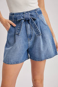 DENIM HIGH-WAIST SELF-TIE BOW SHORTS