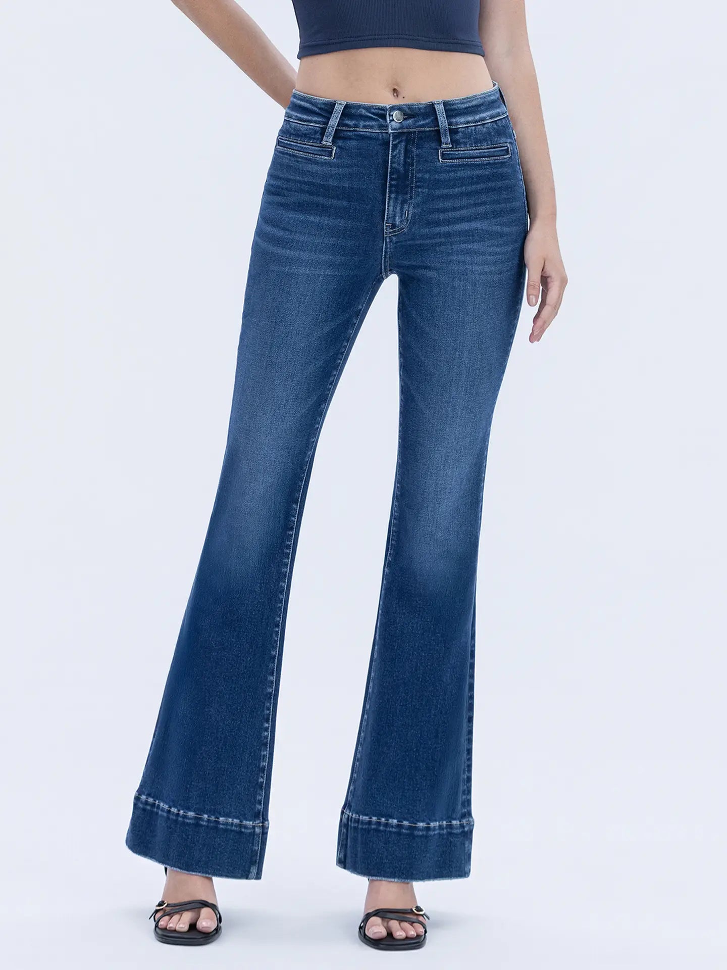 High Rise Welt Pocketed Trouser Hem Flare Jeans