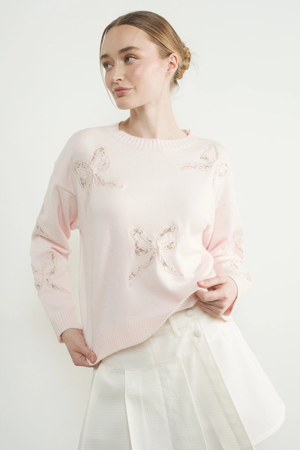 Lace Embroidered Round Neck Bow Sweater