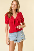TIE FRONT POINTELLE KNIT BLOUSE