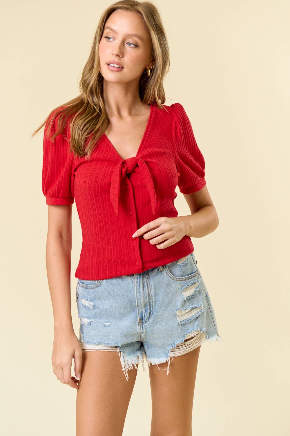 TIE FRONT POINTELLE KNIT BLOUSE