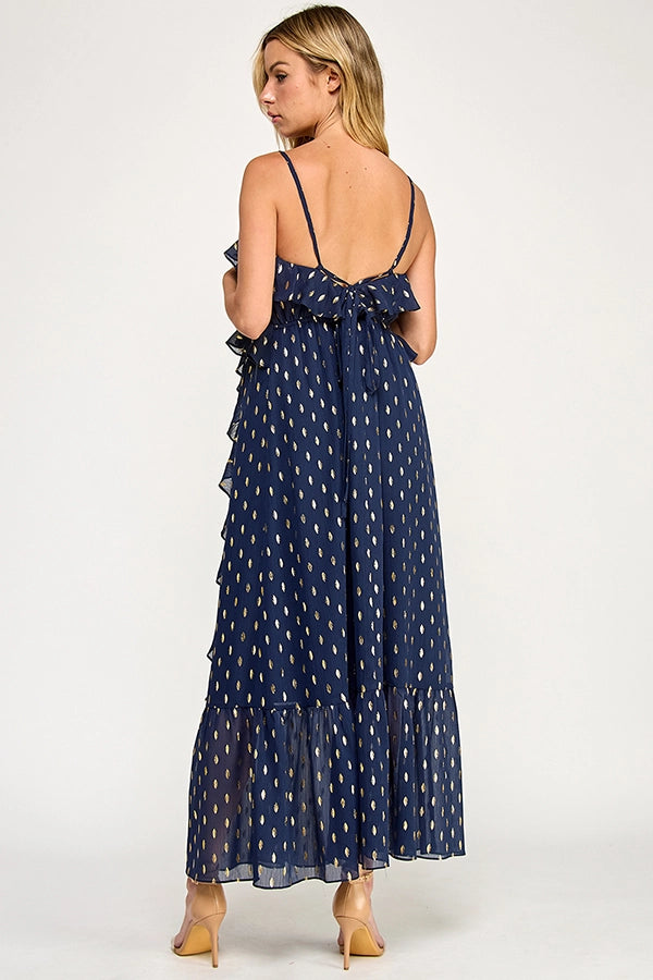 Chiffon Gold Foil Pattern Print Maxi Dress