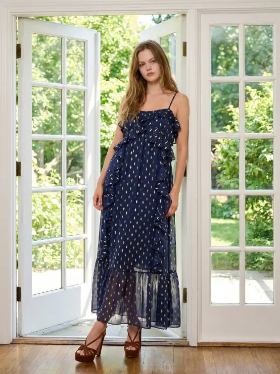 Chiffon Gold Foil Pattern Print Maxi Dress