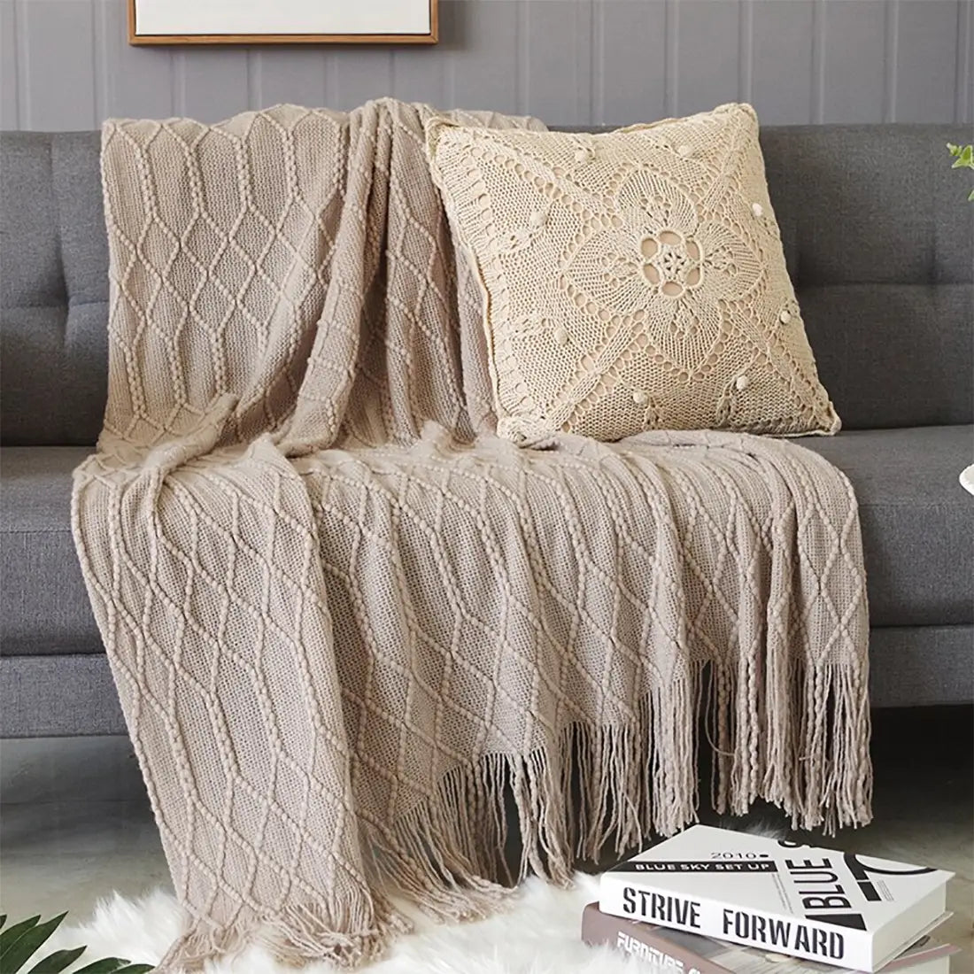 Rhombus Diamond Knit 50x60 Inch Throw Blanket- Khaki