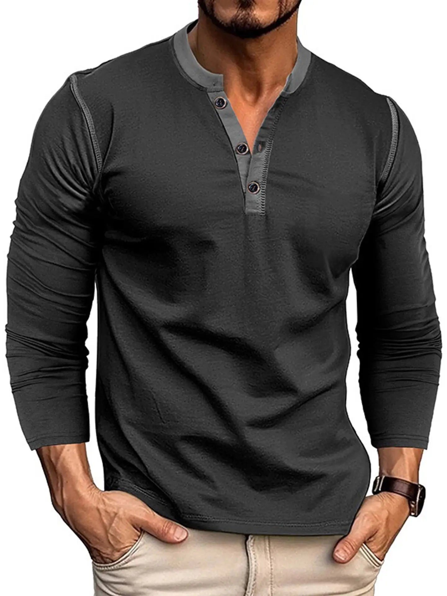 Long Sleeve Henley- Black