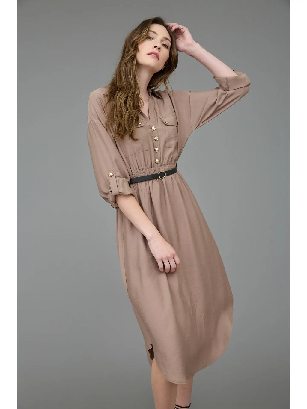 Collared Half Button 3/4 Sleeve Belted Midi Dress