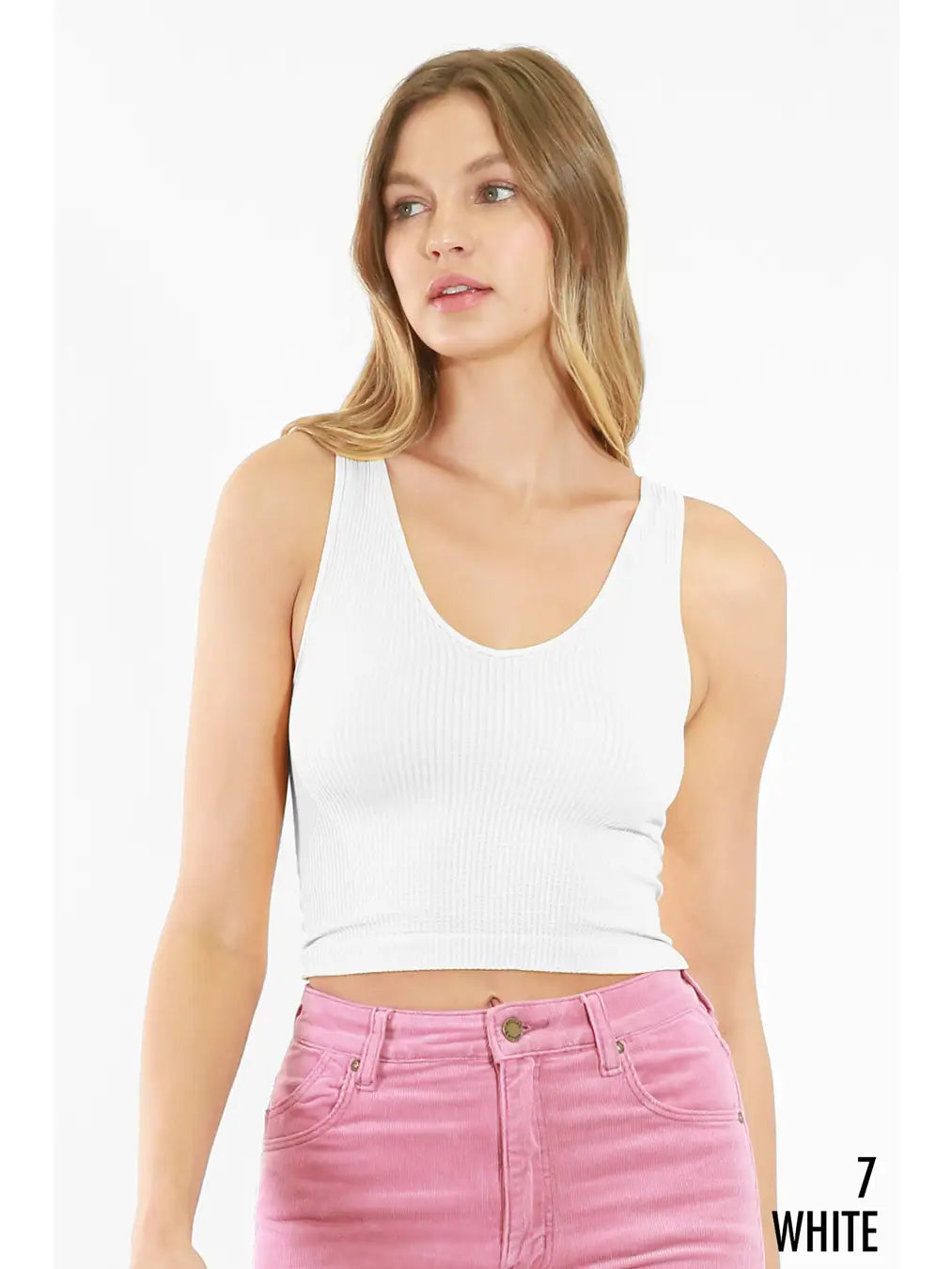 Ribbed Knit Crop Top – Convertible Neckline-White