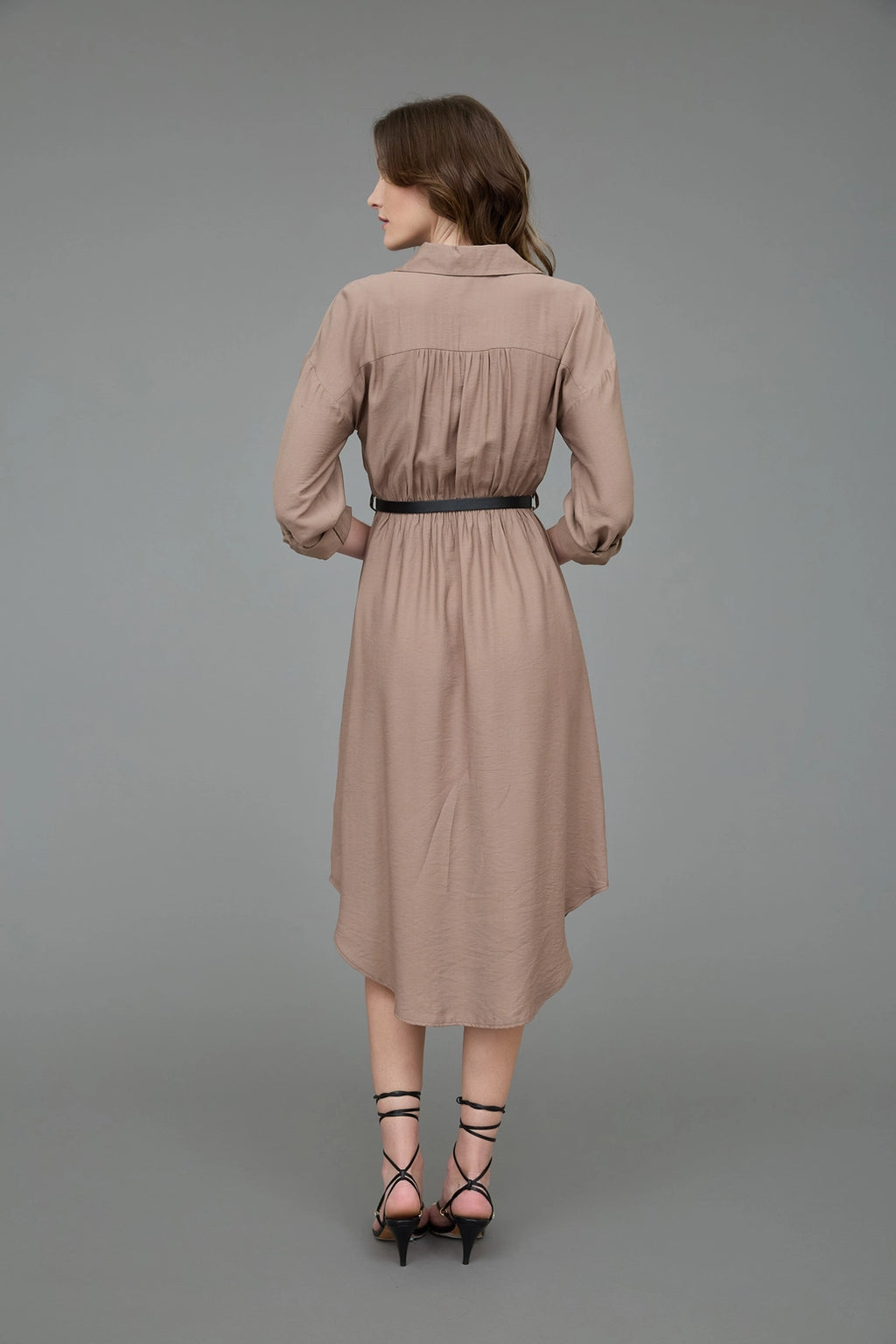 Collared Half Button 3/4 Sleeve Belted Midi Dress