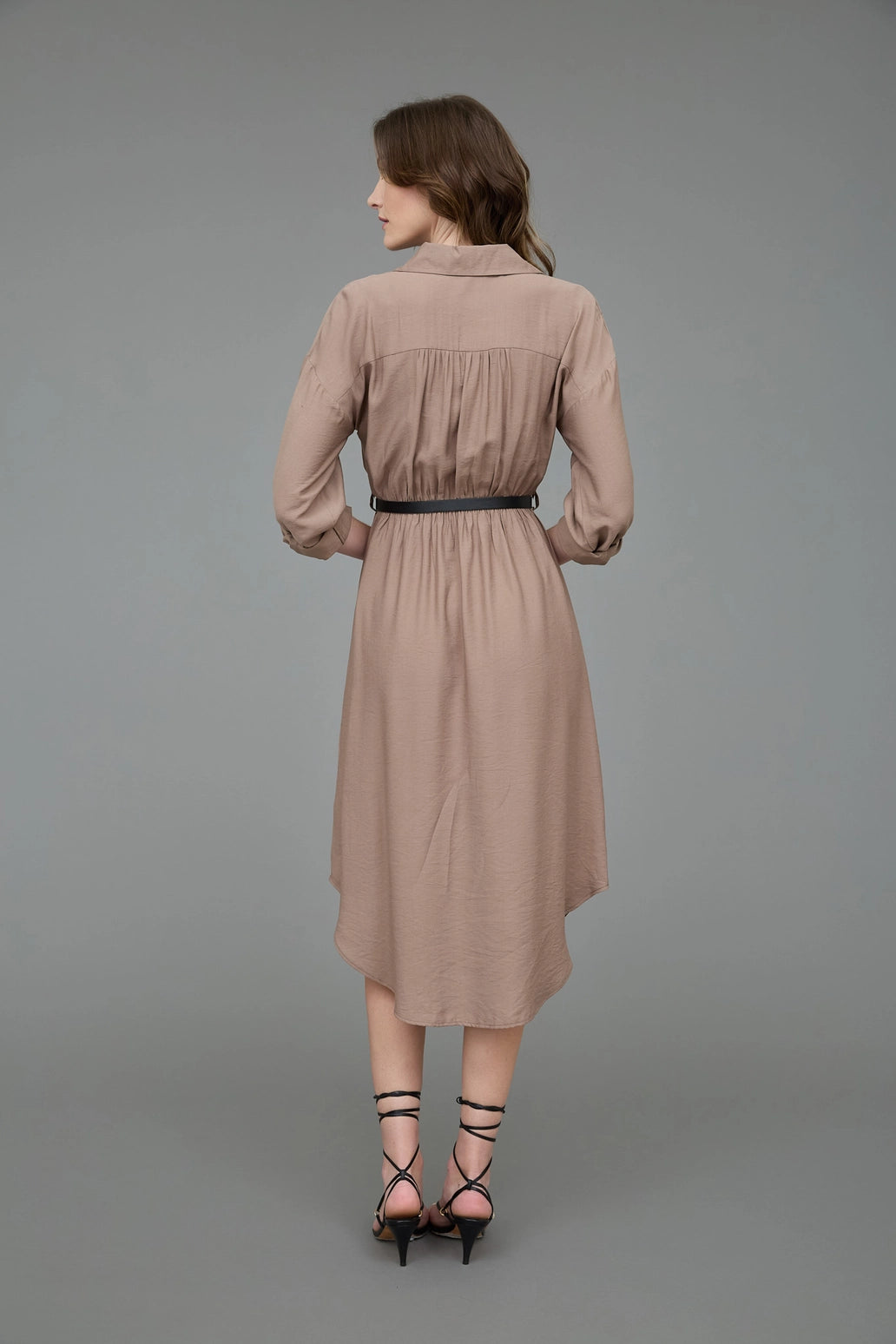 Collared Half Button 3/4 Sleeve Belted Midi Dress