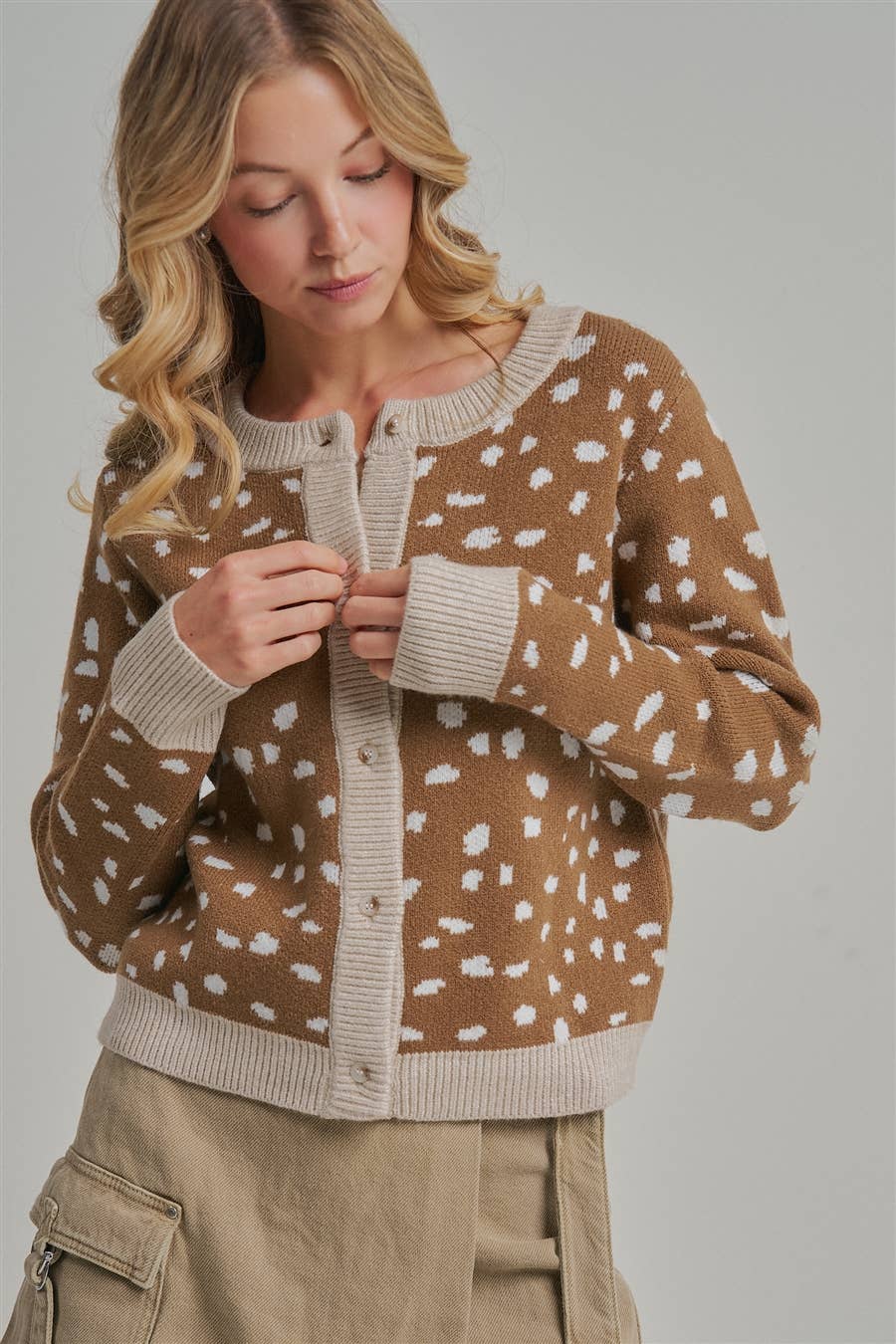 Deer Pattern Contrast Trim Cardigan