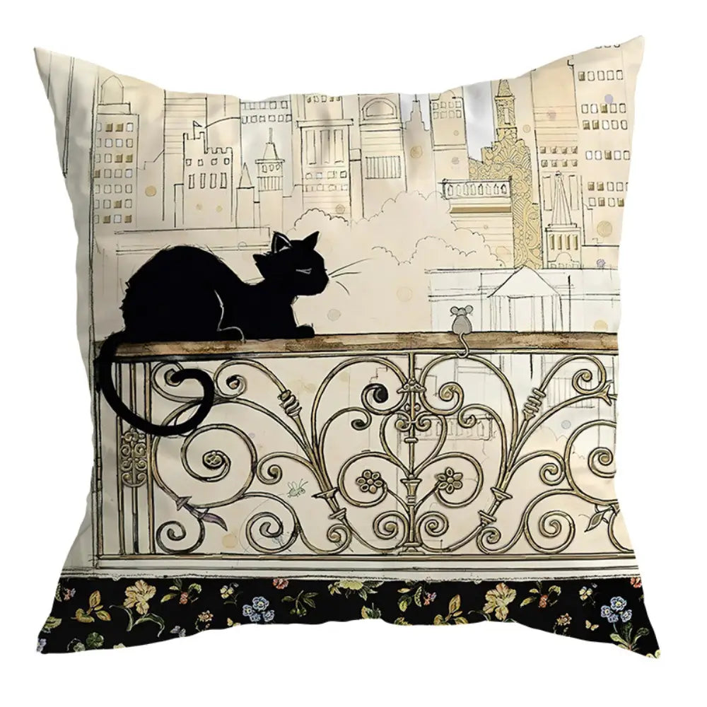Vintage Black Cat & City Balcony