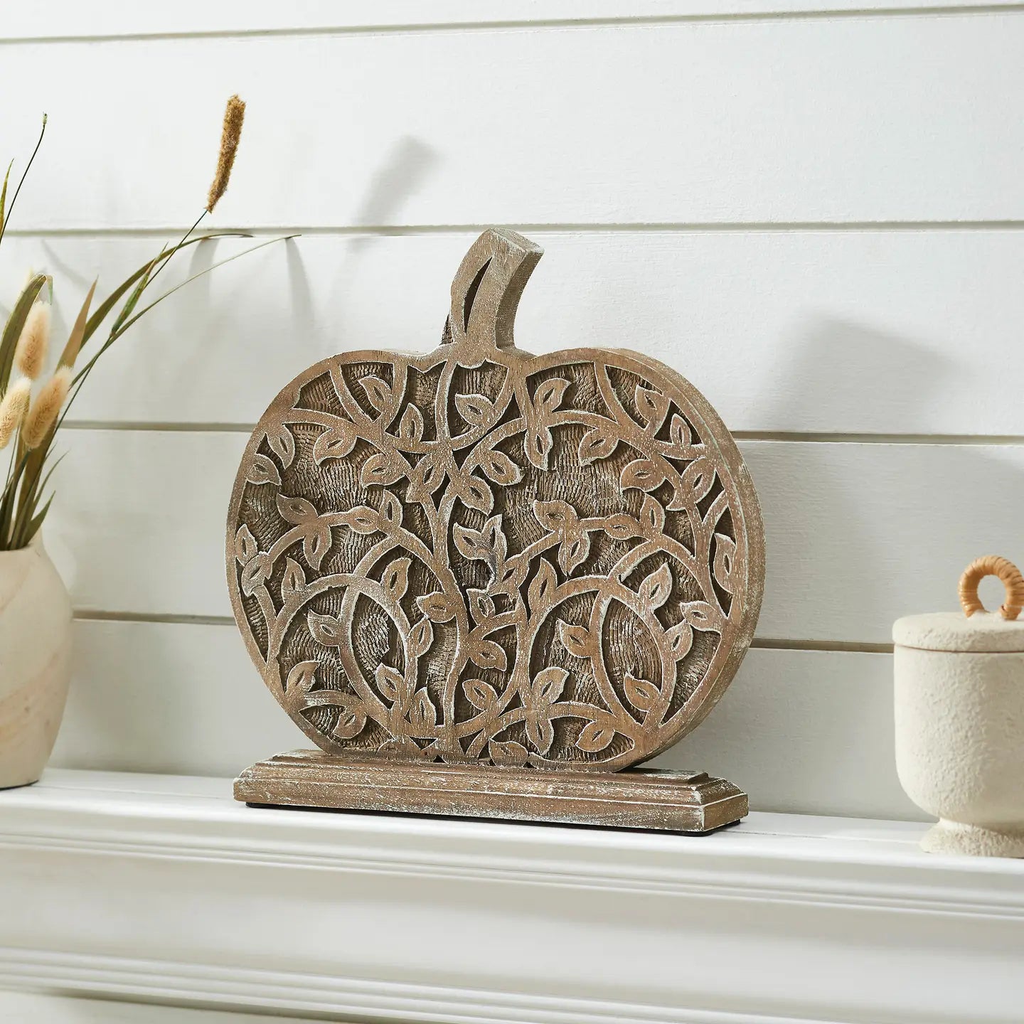 Harvest Vine Carved Wooden Pumpkin.
