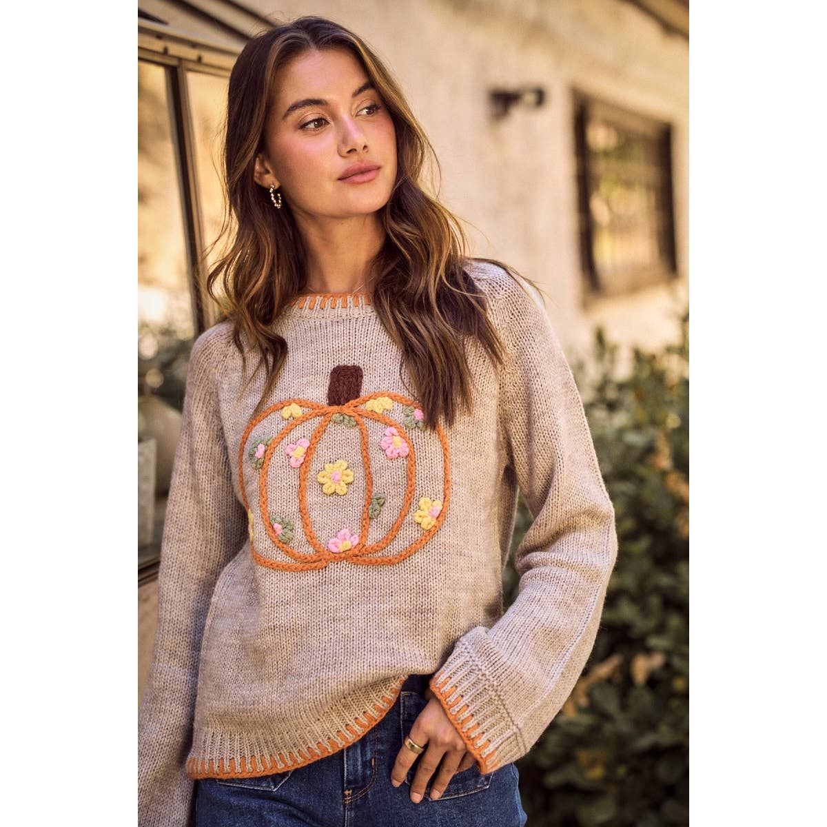 Pumpkin Embroidered Sweater