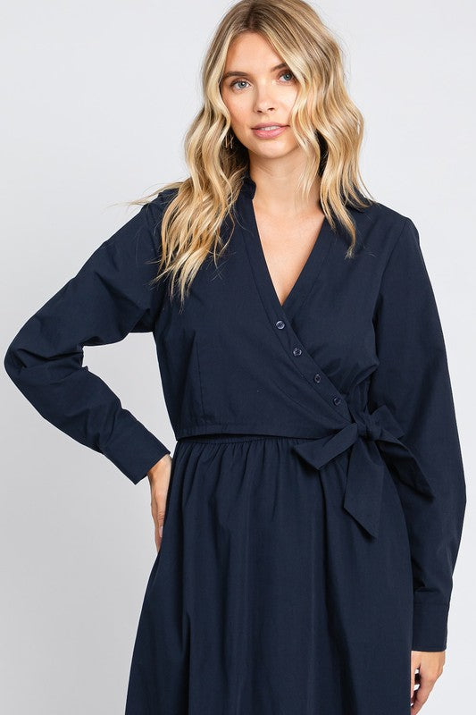 Navy Long Sleeve Shirt Midi Dress with Crossover Detail