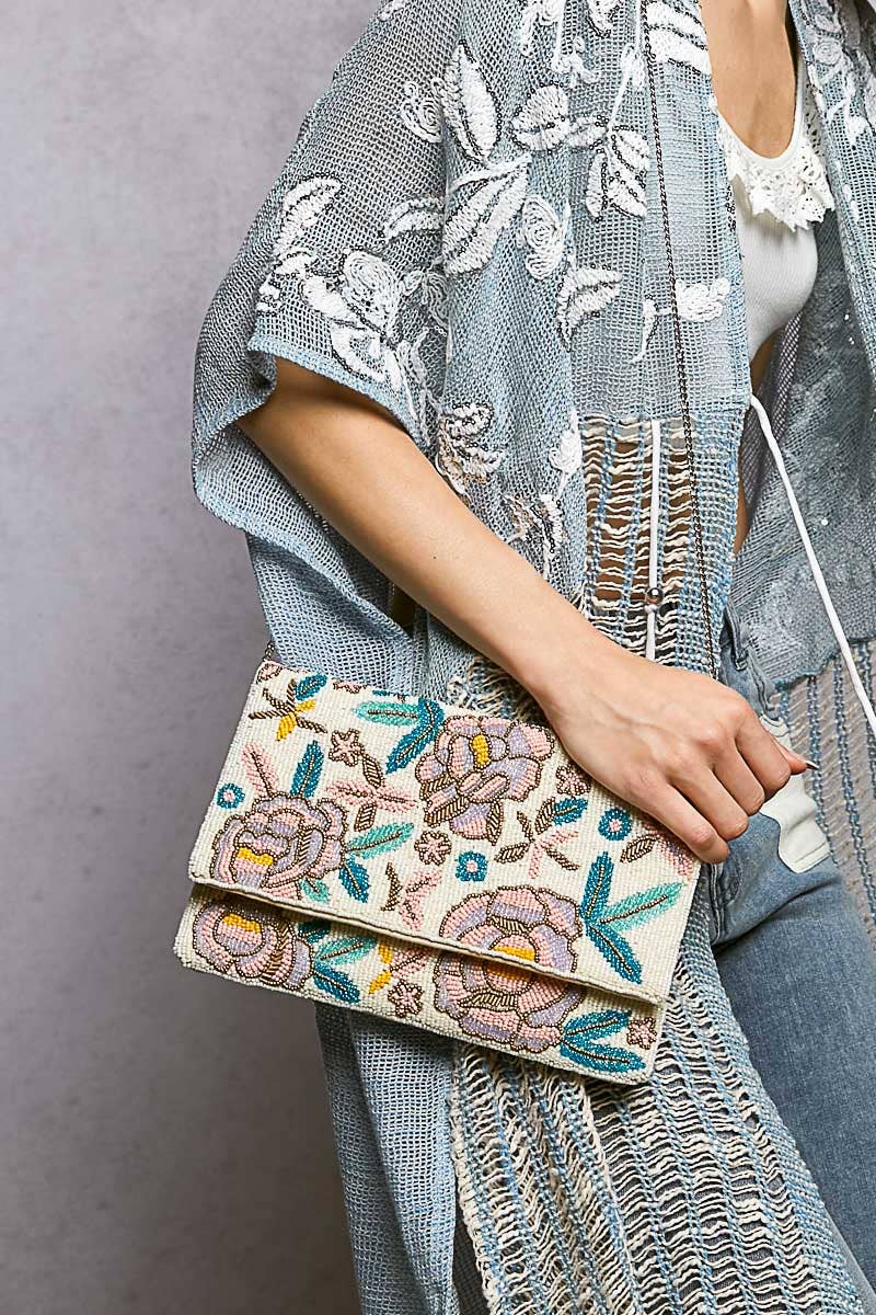 Floral Beaded Chain Strap Ivory Bag
