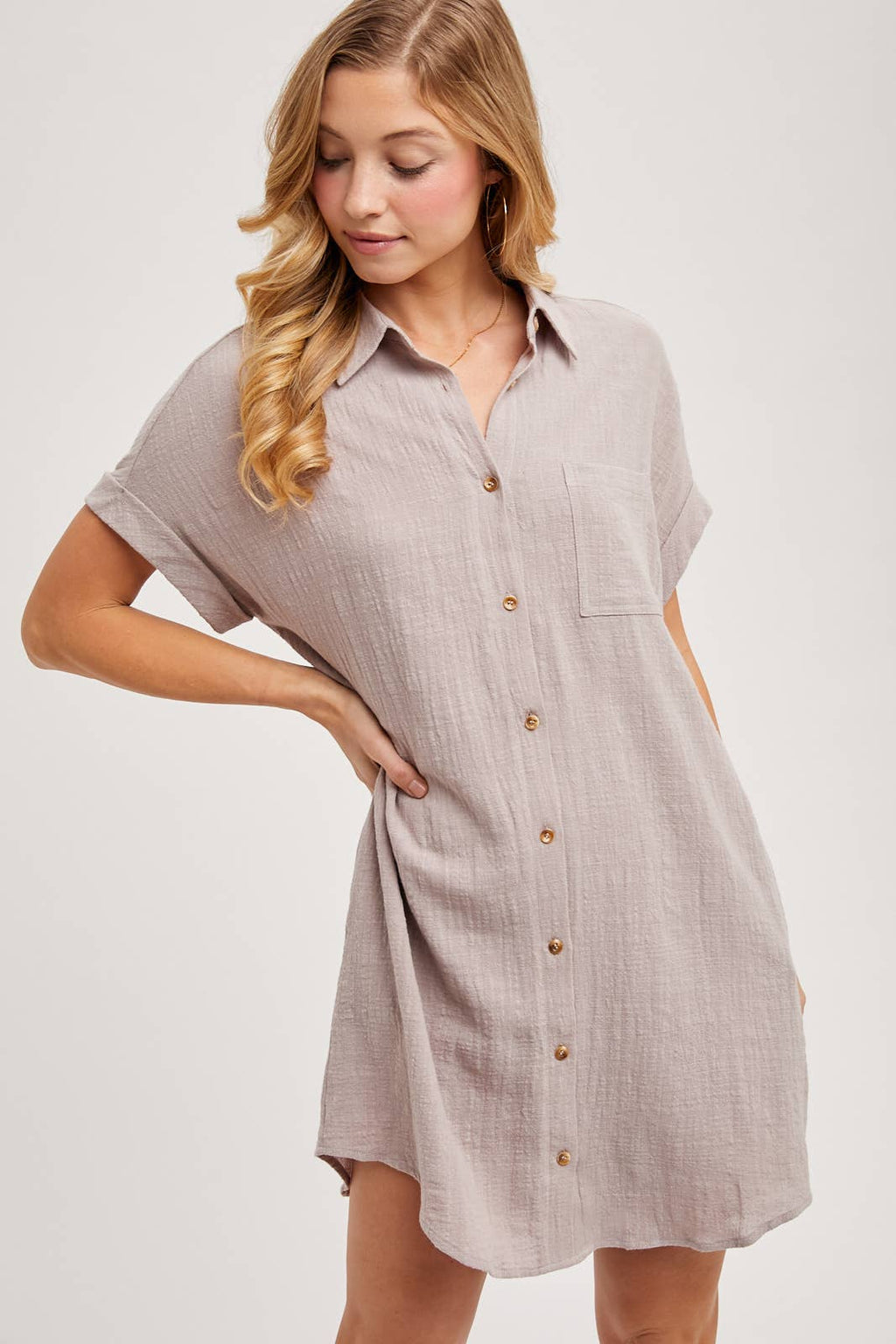 Mushroom Textured Button-Up Shirt Dress