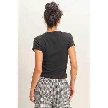 Black Ribbed Crew Neck Fitted Top