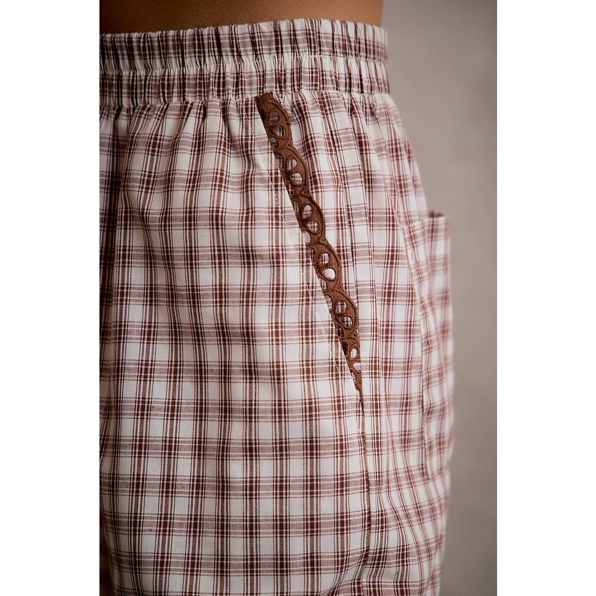 Gingham Lace Trim Wide Leg Pant