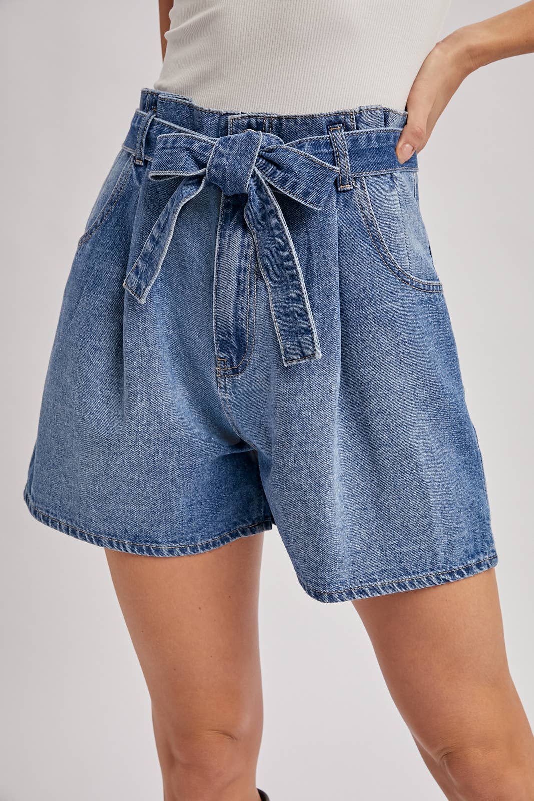 DENIM HIGH-WAIST SELF-TIE BOW SHORTS