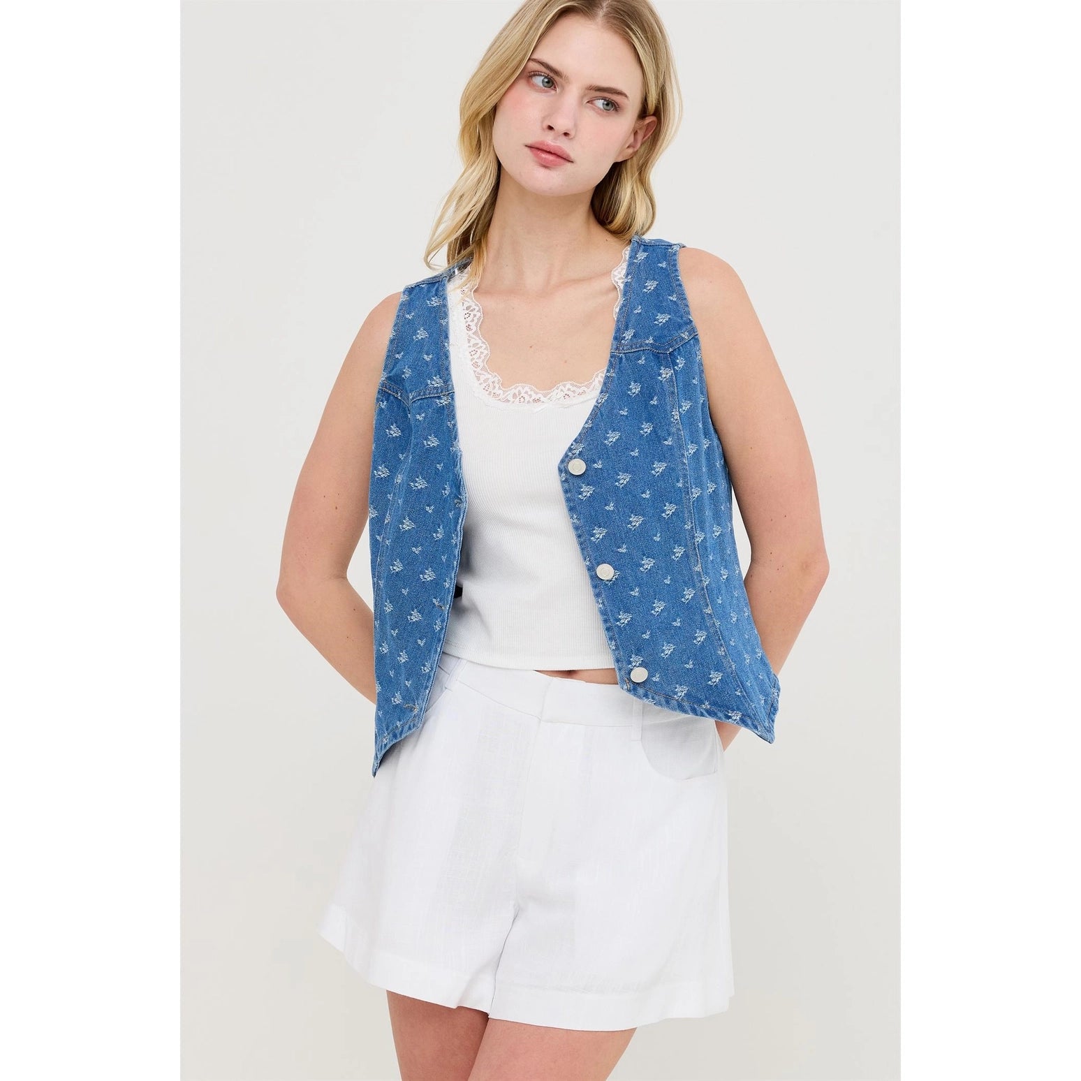 V-Neck Button Front Floral Denim Vest