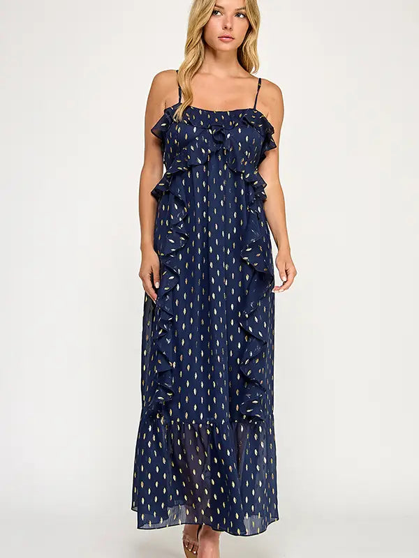 Chiffon Gold Foil Pattern Print Maxi Dress