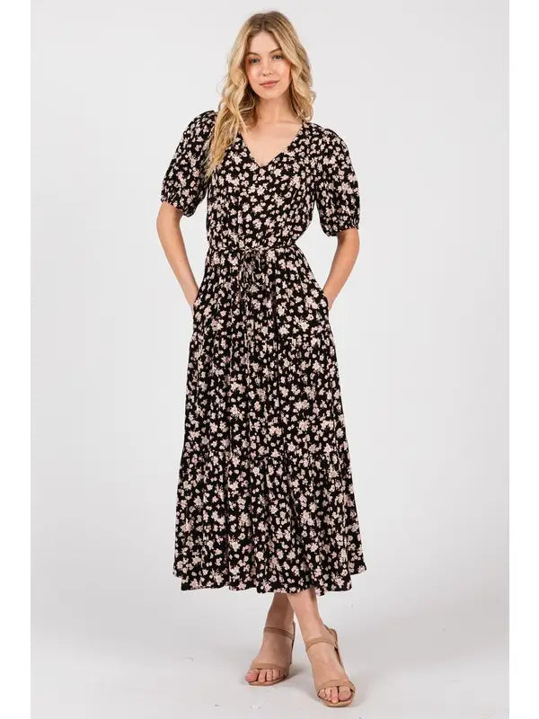 V-Neck Waist Tie Maxi Dress