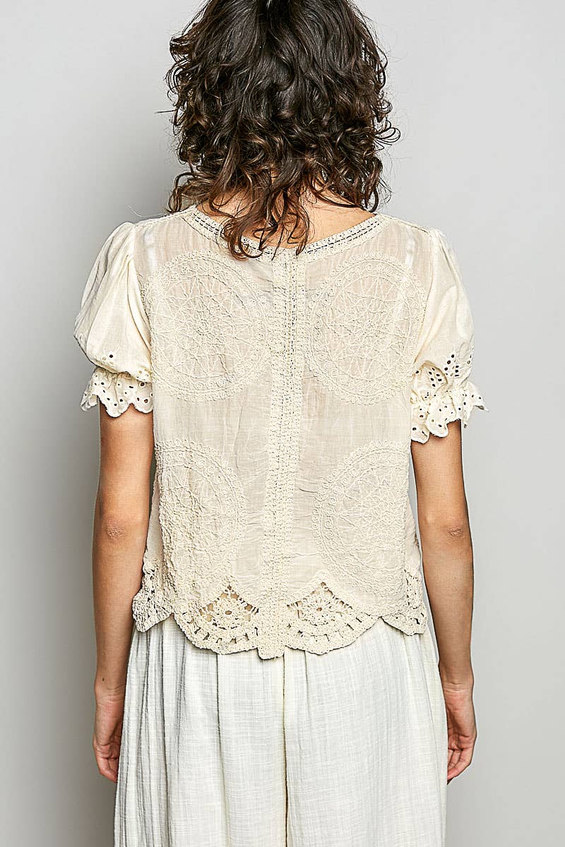 O/S Short Sleeve Button Crochet Top