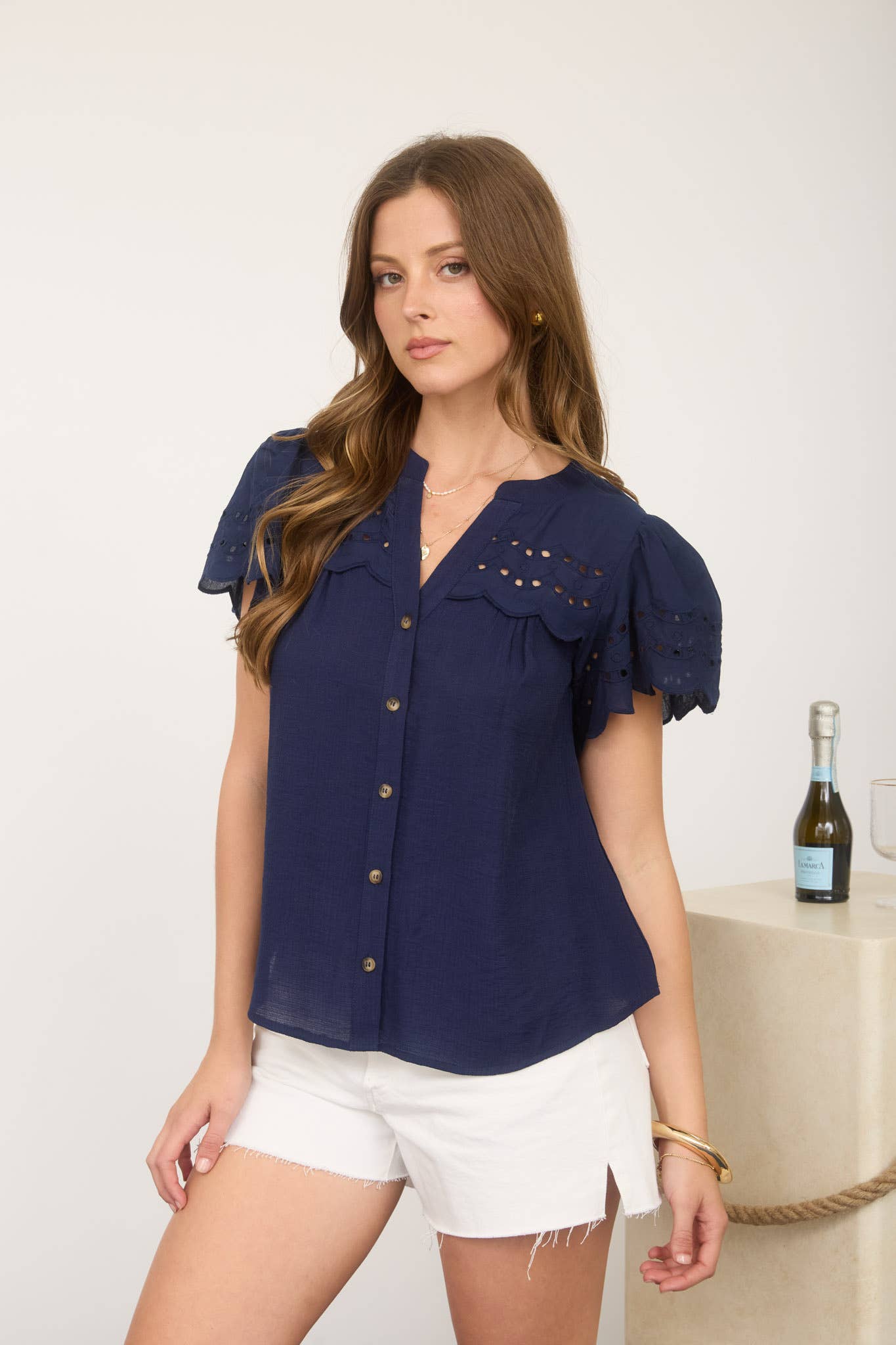 NAVY EYELET  SCALLOP TOP