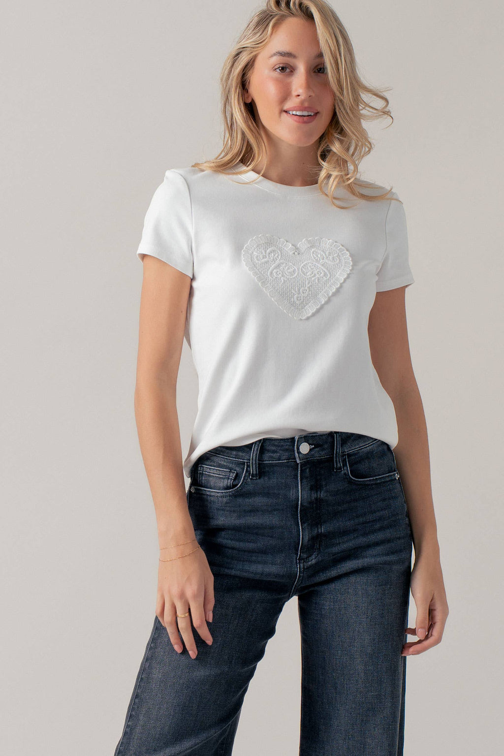 Lace Heart Patch Short Sleeve Cotton Tee