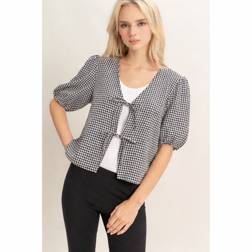 Gingham Bow Front Blouse