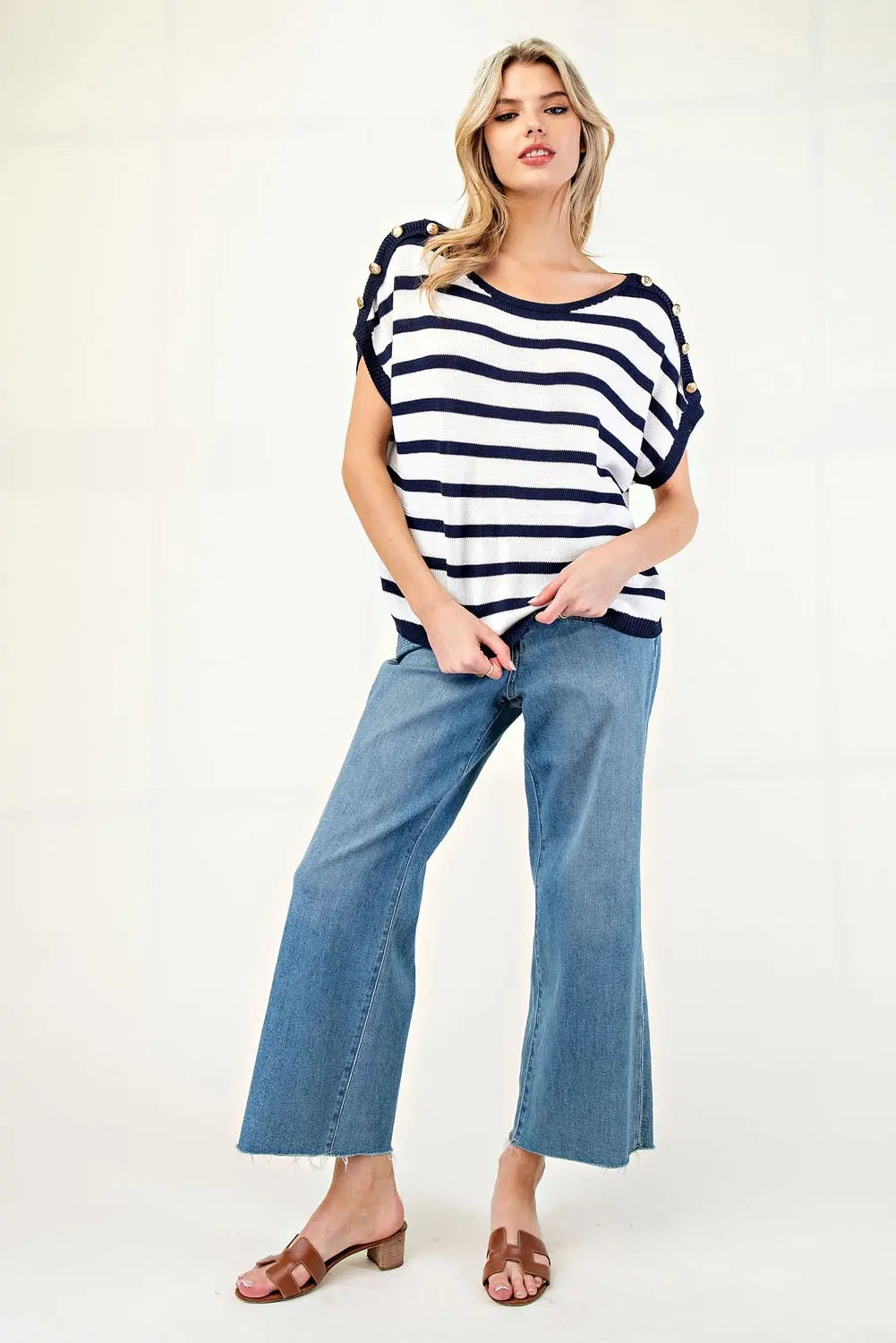 Nautical Stripe Button-Detail Knit Top
