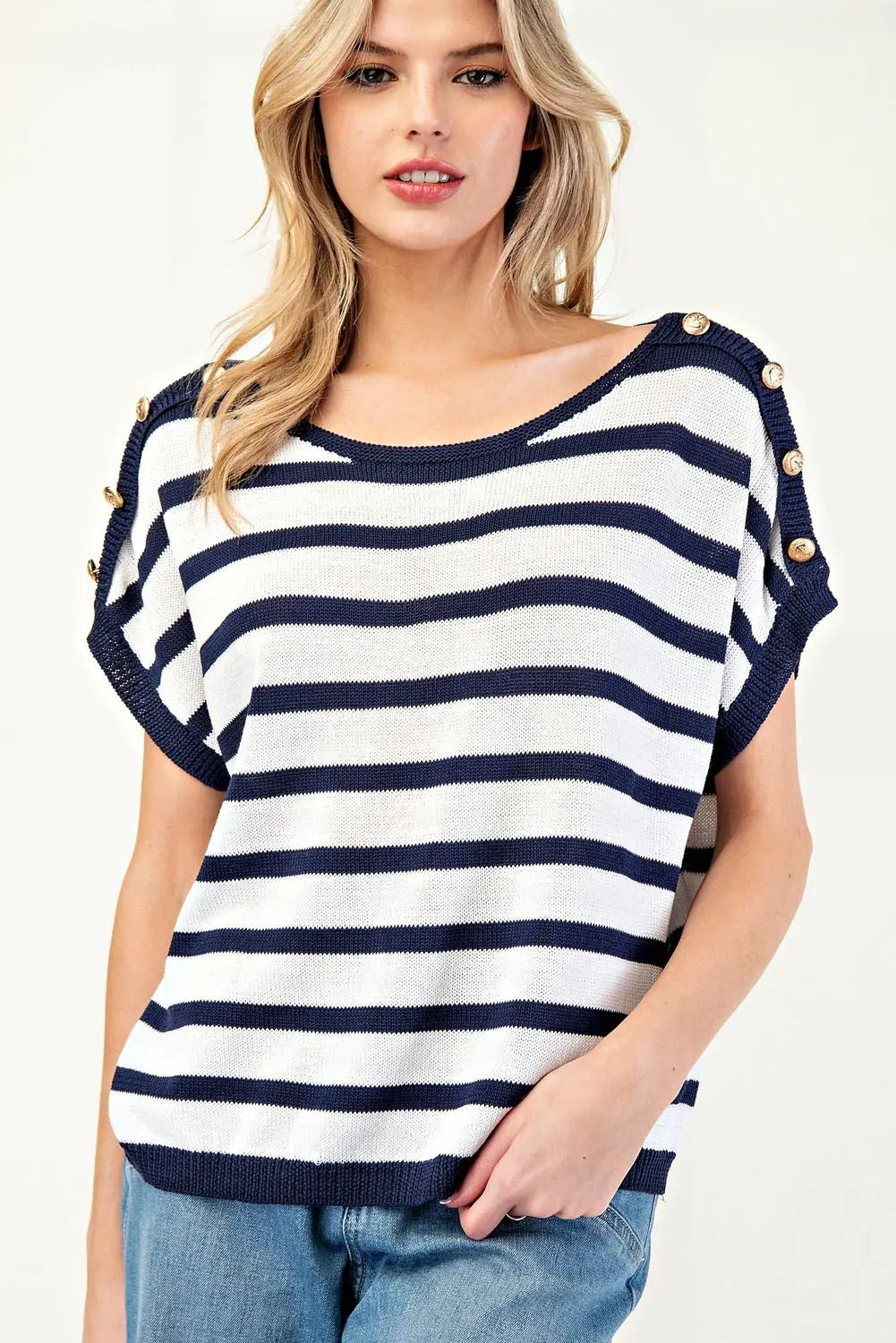 Nautical Stripe Button-Detail Knit Top