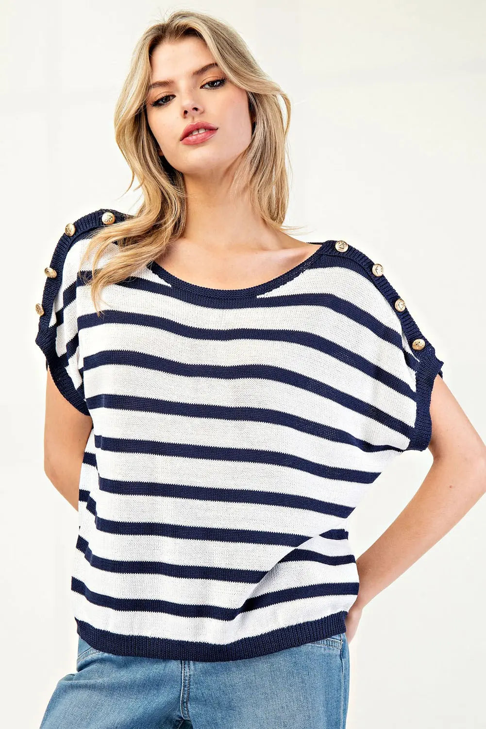 Nautical Stripe Button-Detail Knit Top