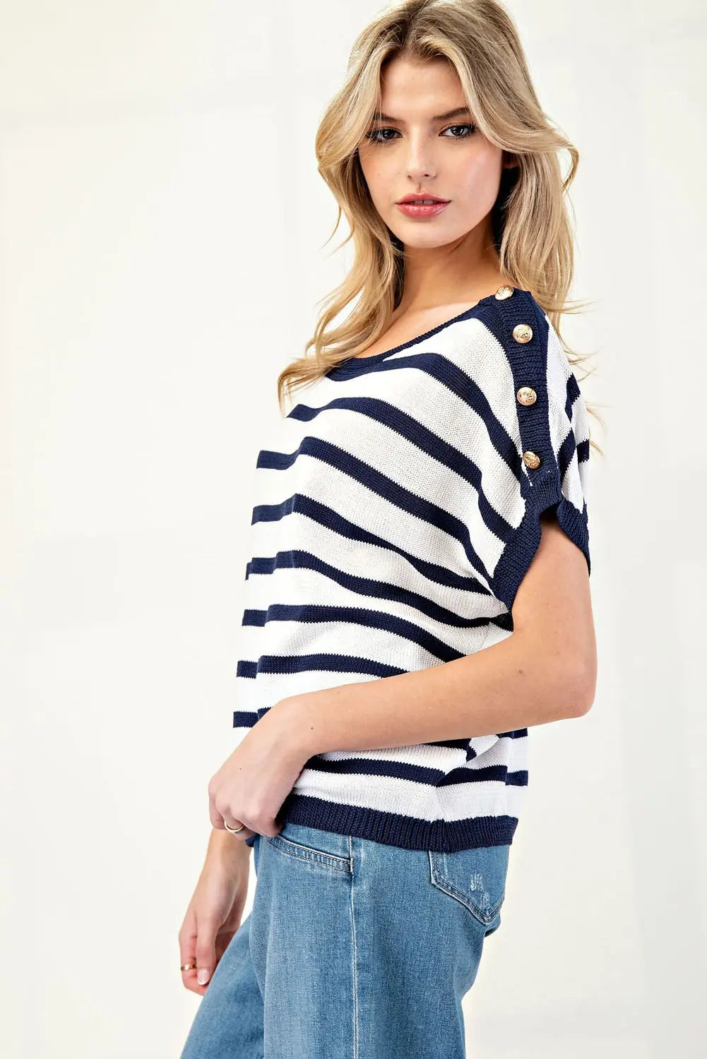 Nautical Stripe Button-Detail Knit Top