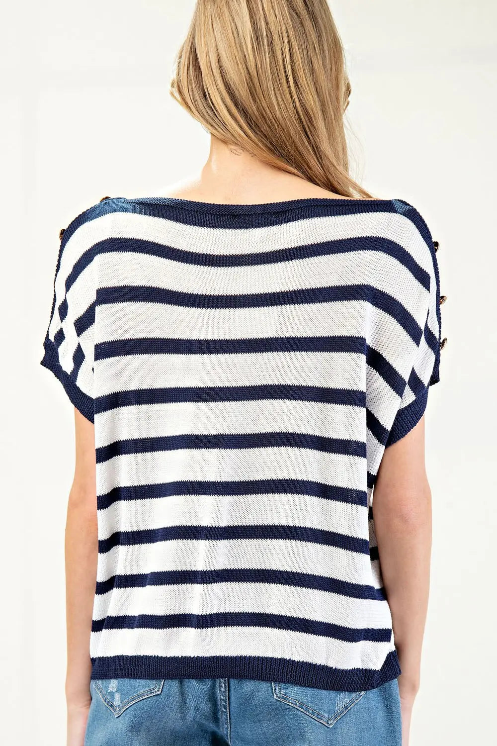 Nautical Stripe Button-Detail Knit Top