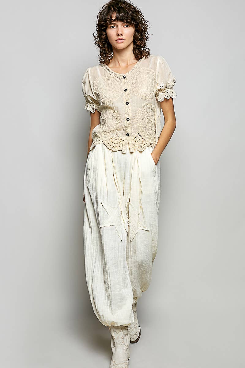 O/S Short Sleeve Button Crochet Top