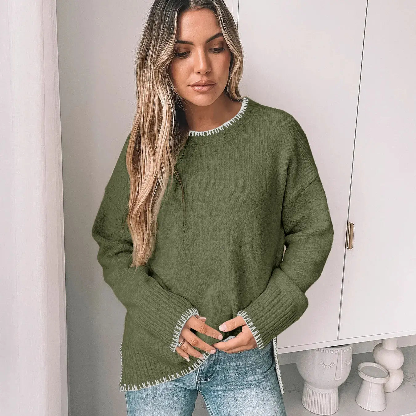 Solid Green Split-End Pullover Sweater
