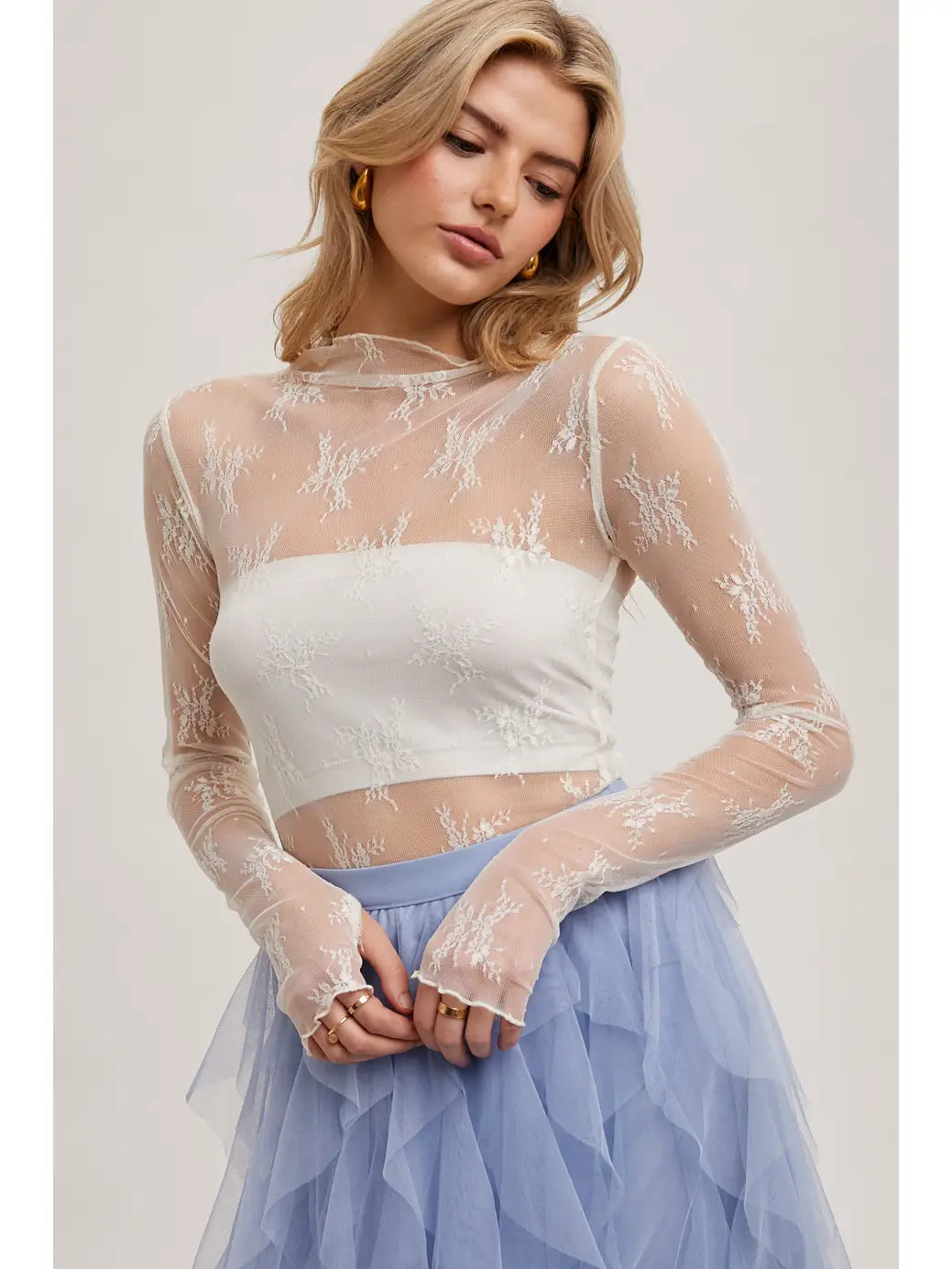 Floral Embroidery Lace Mesh Layering Top- white