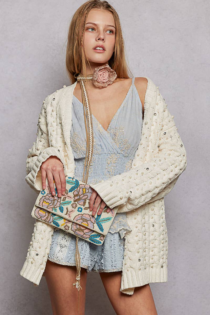 Floral Beaded Chain Strap Ivory Bag