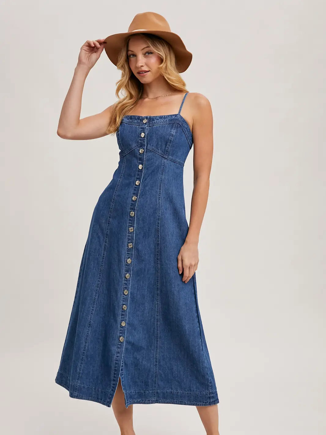 Button Down Sleeveless Denim Midi Dress